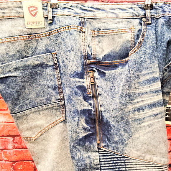 Encrypted Shorts Mens 42 Blue Denim Stretch Raw Hem Mineral Wash Casual Preppy - Picture 4 of 7